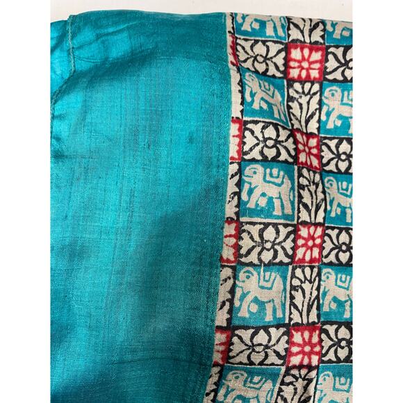 Vintage Mid Century Elephant Silk Scarf Indian Block Print Tile Print Turquoise - Picture 8 of 10